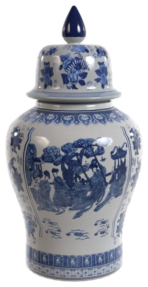 18" Ladies Blue and White Porcelain Temple Jar