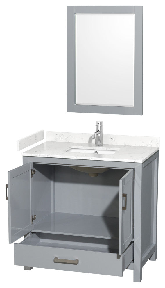 36"SGL Bathroom Vanity Gray, Carrara Cult. Marble Countertop, Sink, 24" Mirror