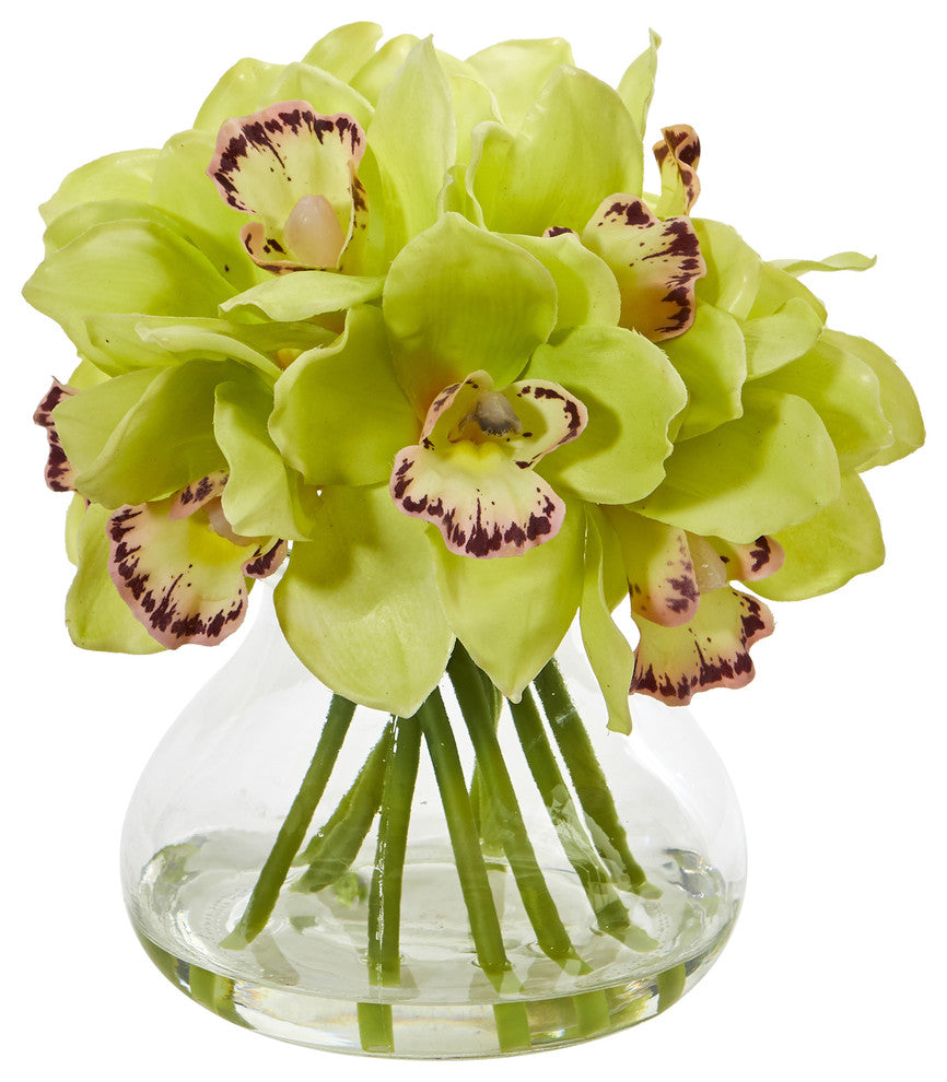Nearly Natural Cymbidium Orchid Artificial Arrangement in Glass Vase Green
