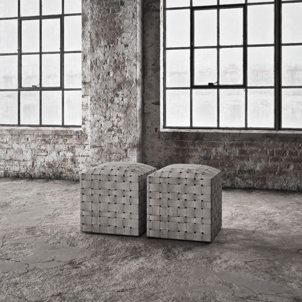 Ottoman Soho Woven Leather, Silver