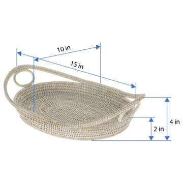 La Jolla Oval Rattan Tray With Looped Handles, White-Wash