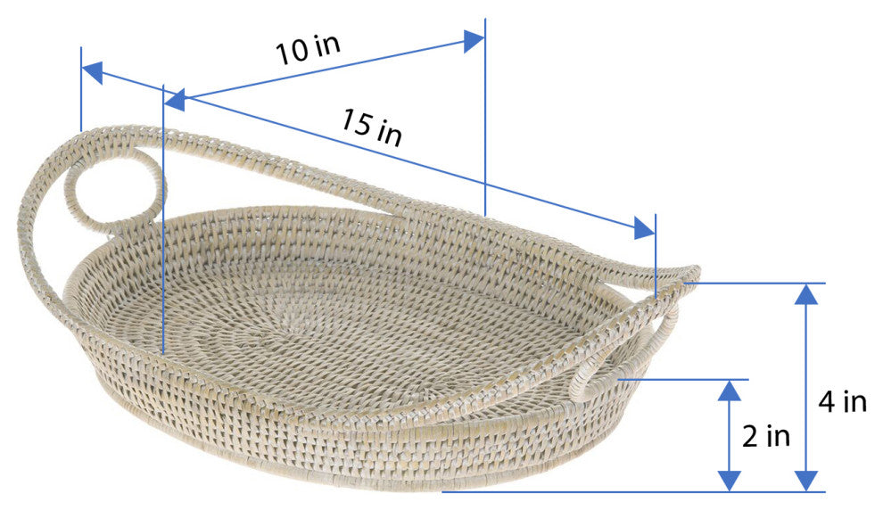 La Jolla Oval Rattan Tray With Looped Handles, White-Wash