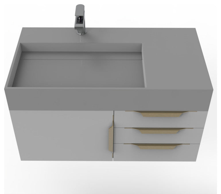 CastelloUSA Amazon 36" Wall Mount Vanity Set, Gray, Gray Top, Gold Handles