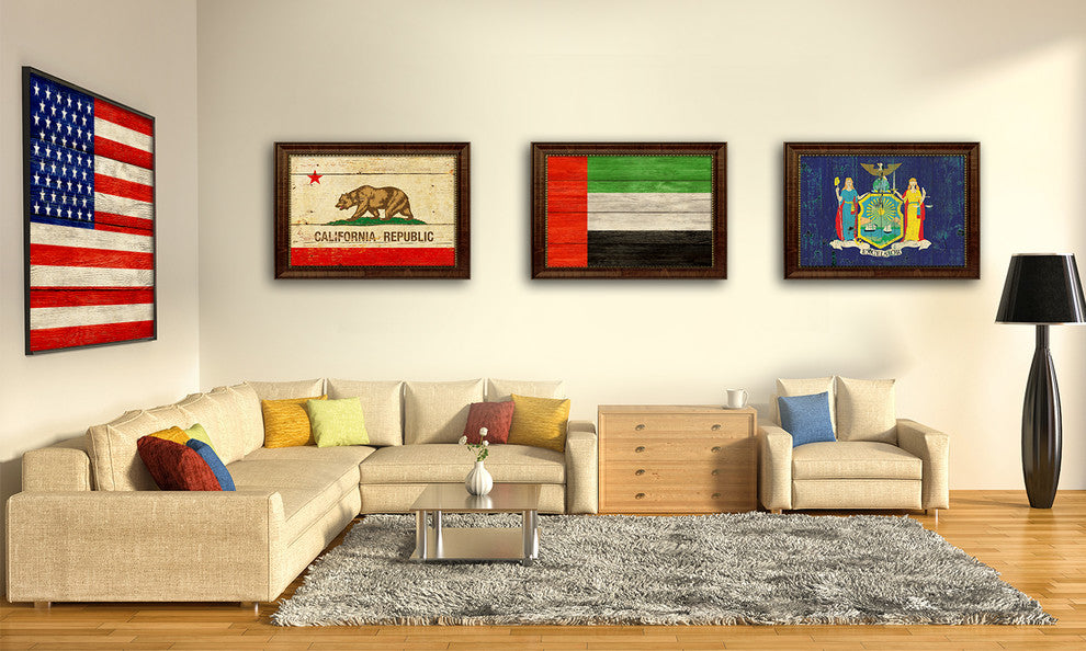 United Arab Emirates Country Textured Flag Print With Brown Gold Frame, 19"X27"