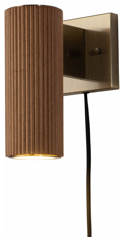 Tambo Wall Sconce - Dark Walnut Wood Finish, Weathered Brass, Dimmer, Natural Ash