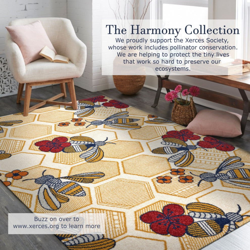 8" x 9" Gold and Ivory Bustling Bee Area Rug