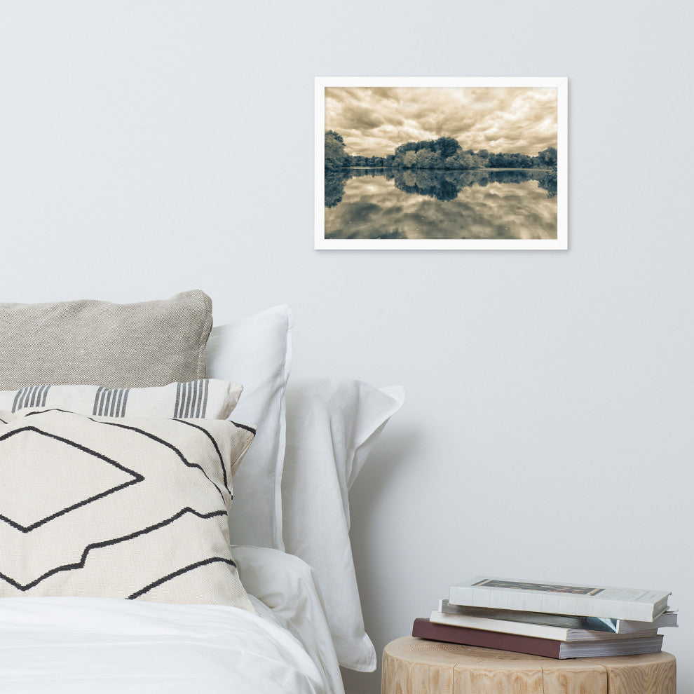 Autumn Reflections Rural Landscape Sepia Framed Photo Paper Wall Art Prints, White, 12" X 18"