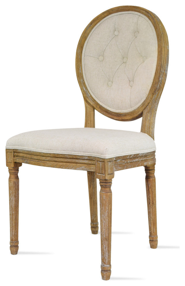 French Chic Vintage Style Dining Side Chair With Upholstered Linen Welted Fabric, Button Back
