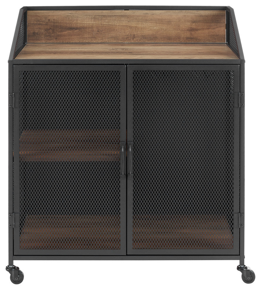 33" Urban Industrial Bar Cabinet Rolling Cart With Mesh Doors, Rustic Oak