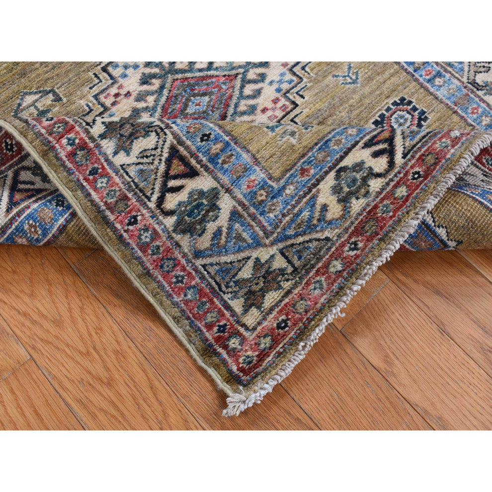 Green Hand Knotted Afghan Super Kazak Geometric Medallion Wool Rug, 2'9"x7'7"