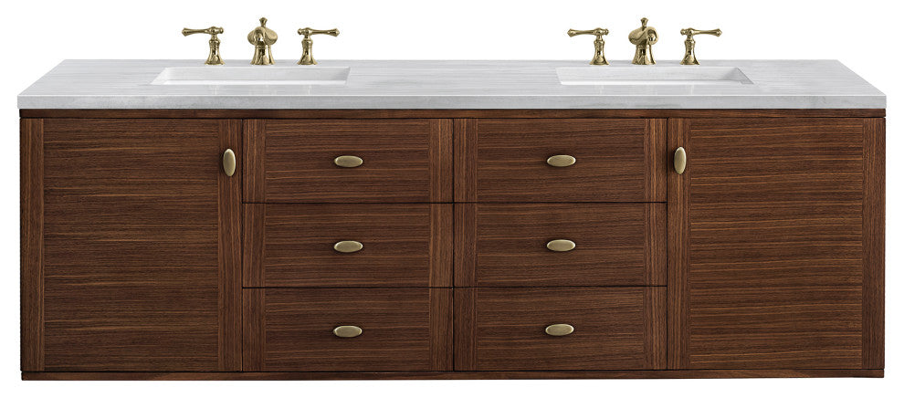 Amberly 72" Double Vanity, Mid-Century Walnut, 3CM Arctic Fall Top