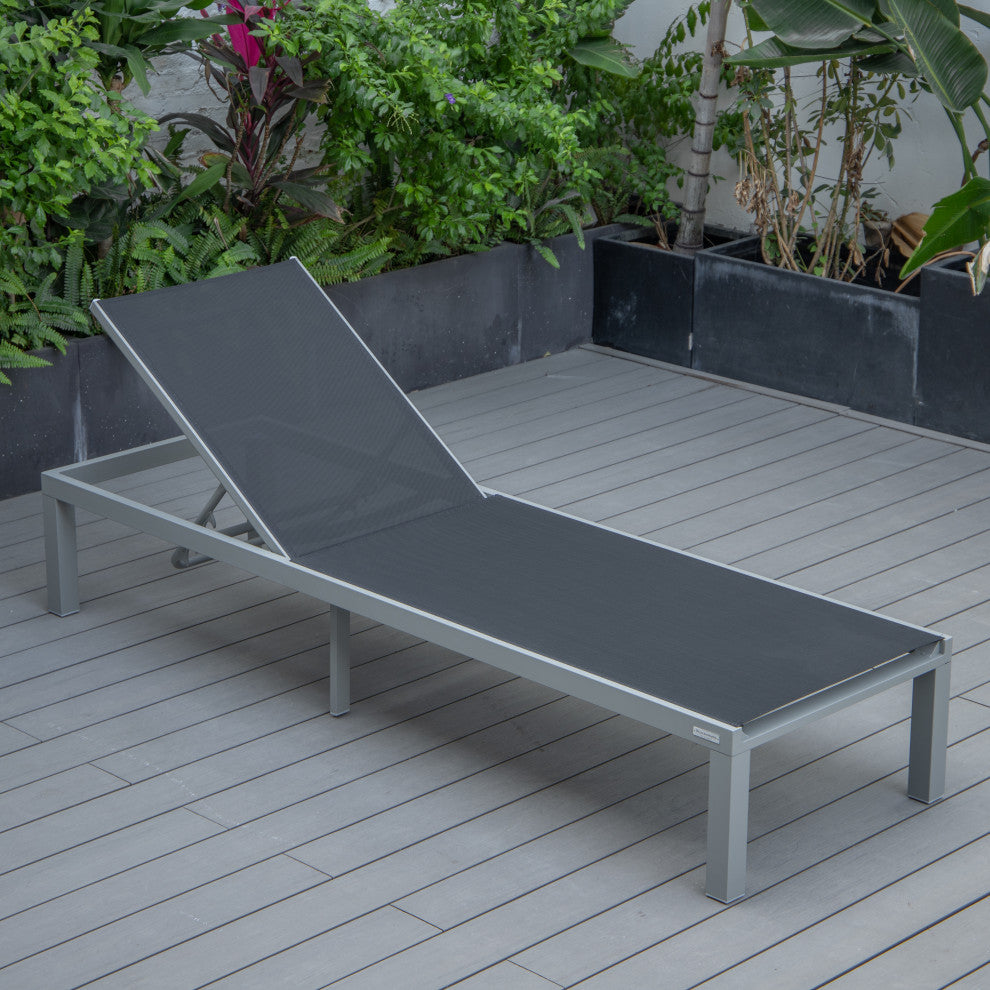 LeisureMod Marlin Patio Chaise Lounge Chair With Gray Frame, Black