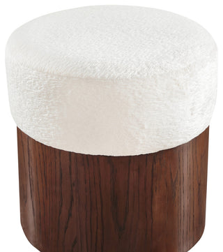 Nimes Upholstered Ottoman, Cream, Velour Fur, Walnut Finish
