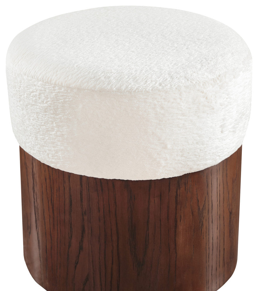Nimes Upholstered Ottoman, Cream, Velour Fur, Walnut Finish
