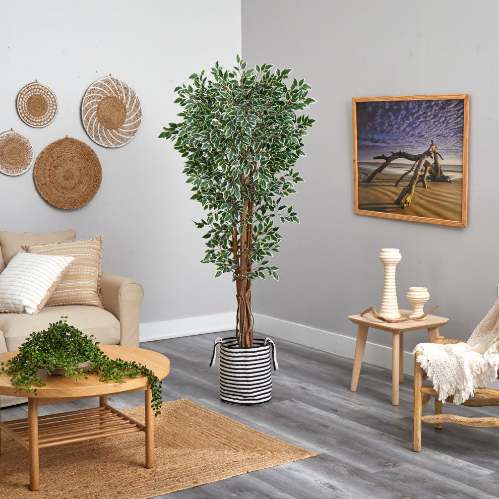 70" Variegated Ficus Faux Tree, Handmade Natural Jute & Cotton Planter