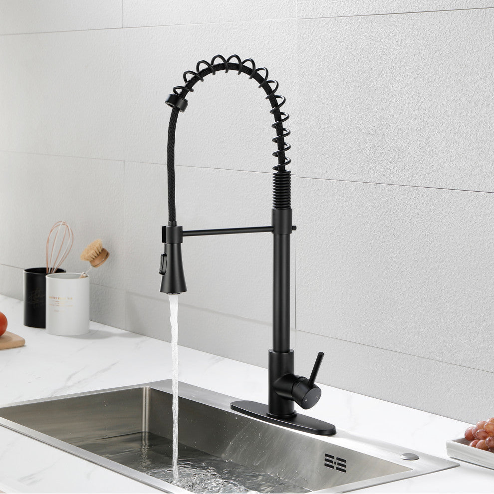 Wellfor Stainless Steel Pull Down Kitchen Faucet With Deck Plate, Matte Black