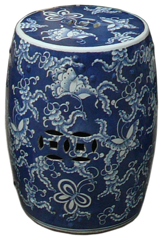 Chinese Blue and White Porcelain Round Butterflies Stool