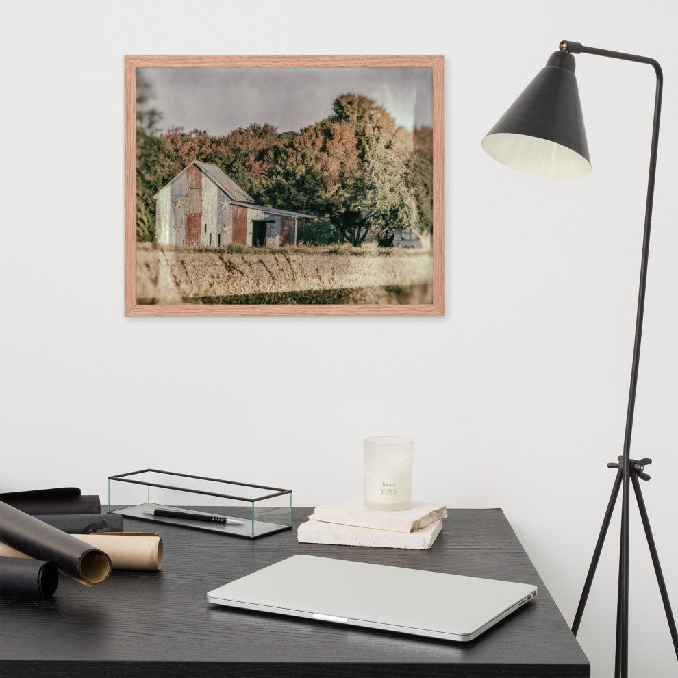 Patriotic Weathered Barn in Field Glass Plate Framed Photo Paper Wall Art Prints, Red Oak, 16" X 20"