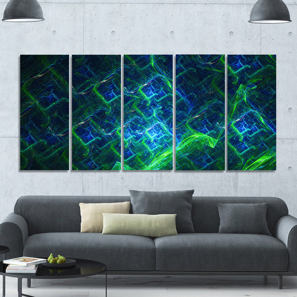 Green Blue Electric Lightning, Abstract Art on Canvas, 60"x28", 5 Panels