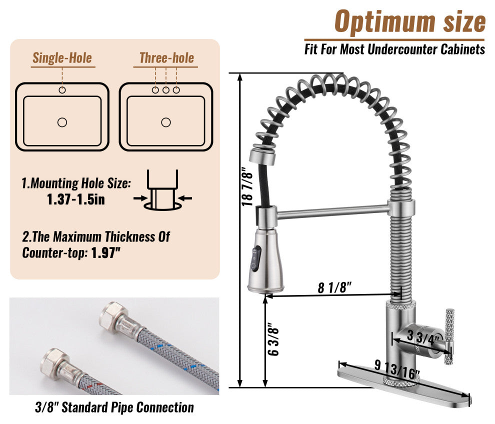 Single Handle Kitchen Faucet Pull-Down Sprayer, 360 Swivel, Three Functions, Brushed Nickel