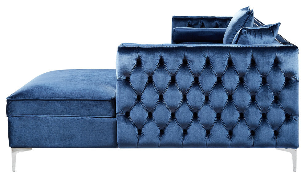 Jeannie Velvet Tufted With Nailhead Trim Sectional, Navy, Right Facing Chaise