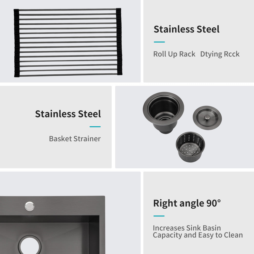 Black Stainless Steel Single Bowl Drop-In Kitchen Sink with Rinse Grid, Gunmetal Black, 15'' X 15''