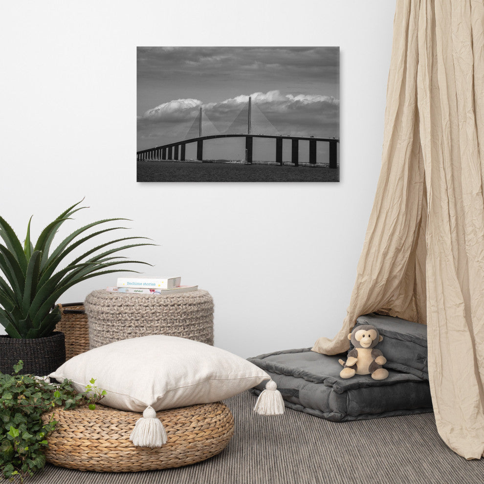 Skyway Bridge Black & White Landscape Photo Canvas Wall Art Print, 24" X 36"