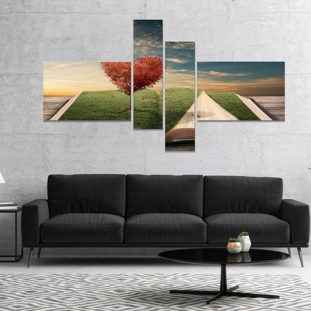 Amazing Heart Tree and Book, Large Abstract Canvas Artwork, 60"x32", 4 panels