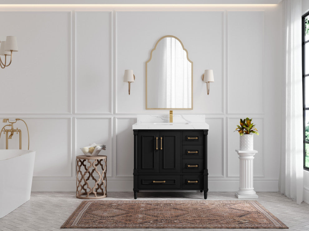 Aberdeen 36 Center Sink Bath Vanity in Black 2" Calacatta Laza