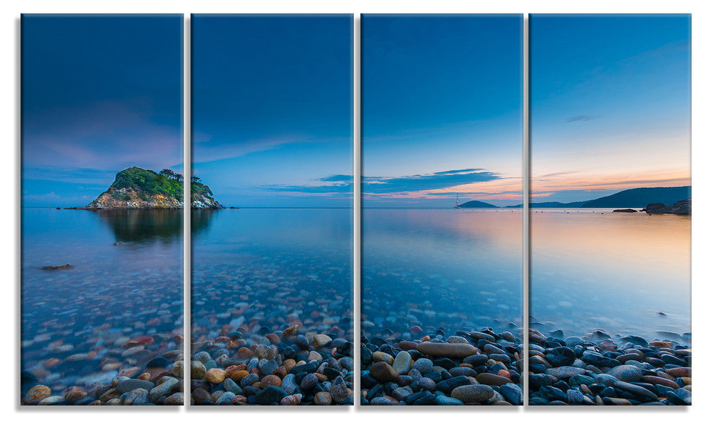 Green Isle at Stony Coast, Large Seashore Canvas Wall Art, 48"x28", 4 Panels