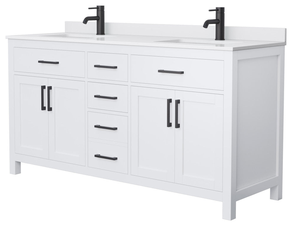 Beckett 66" White Double Vanity, White Cultured Marble Top, Black Trim