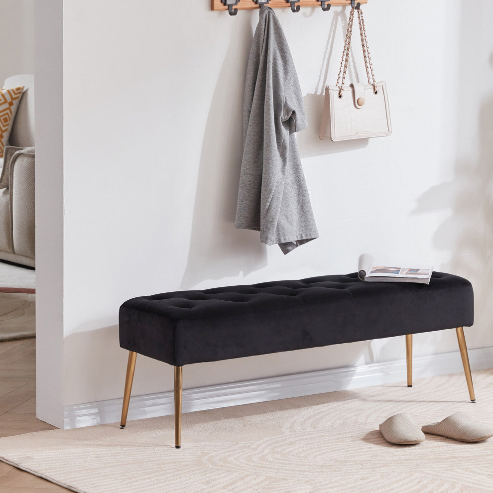 Button Tufts Bedroom Bench, Black-Velvet