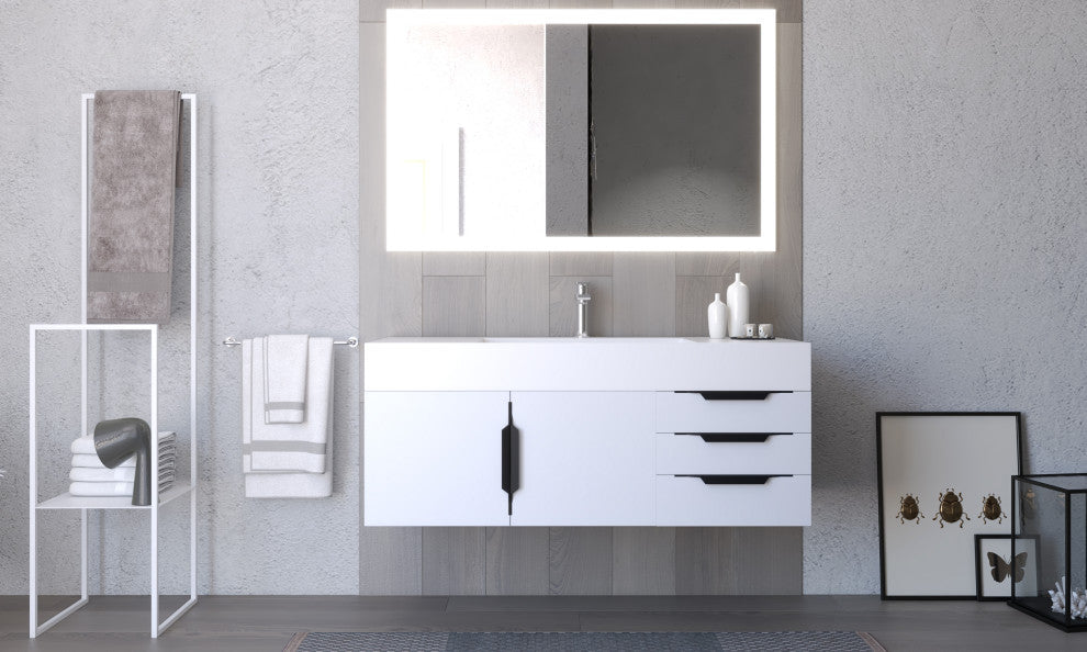 CastelloUSA Amazon 48" Wall Mounted Vanity Set, White, White Top, Black Handles