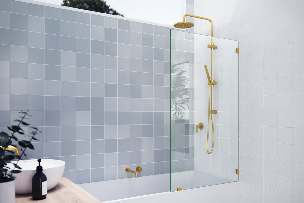 58.25"x34" Frameless Shower Bath Fixed Panel, Satin Brass