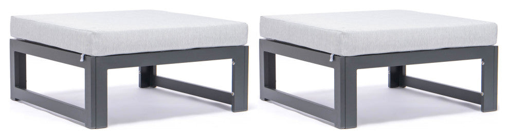 LeisureMod Chelsea Outdoor Black Ottomans With Cushions Set Of 2, Light Gray