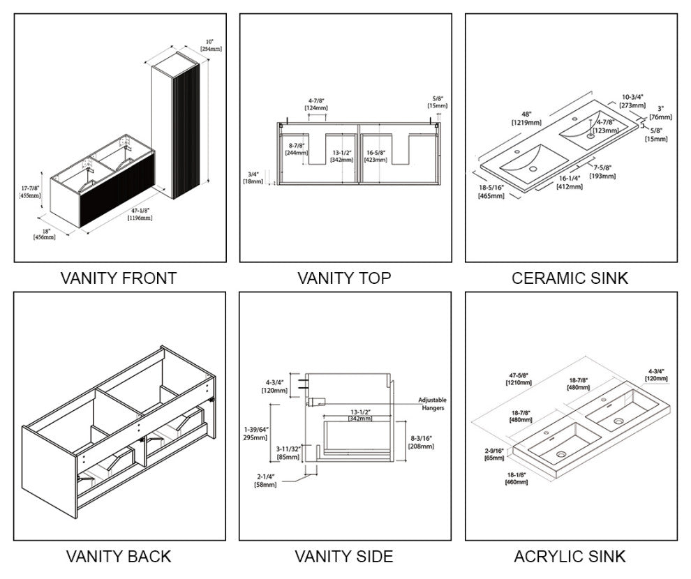 Floating Bathroom Vanity with Sink, Wall Mounted Vanity, White, 48" W/ Double Sinks
