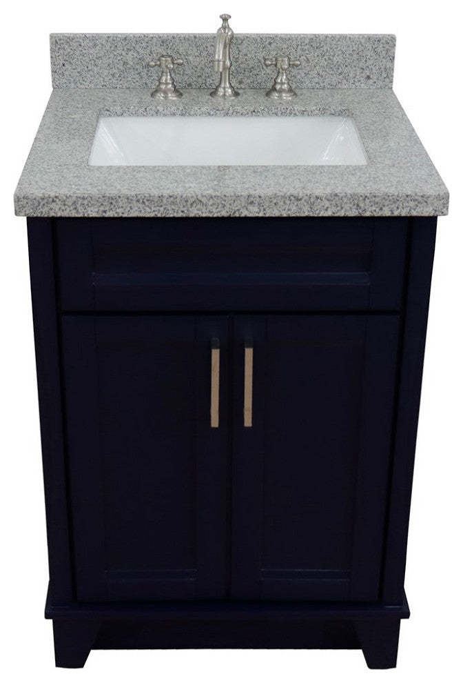 25" Single Sink Vanity, Blue Finish With Gray Granite And Rectangle Sink