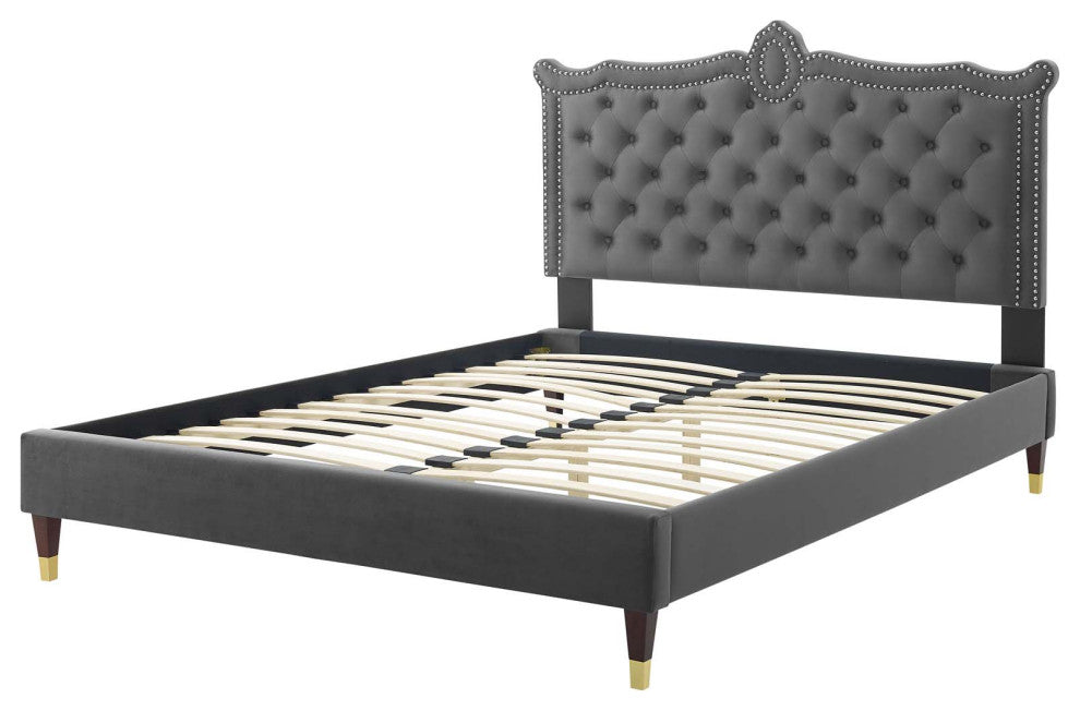Platform Bed Frame, Nailhead, Queen Size, Charcoal Gray, Velvet, Modern