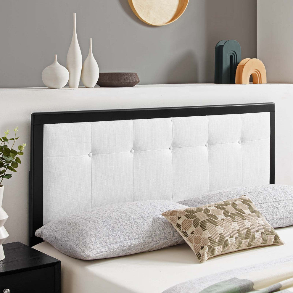 Tufted Headboard, Full Size, Wood, Fabric, Black White, Modern Mid-Century