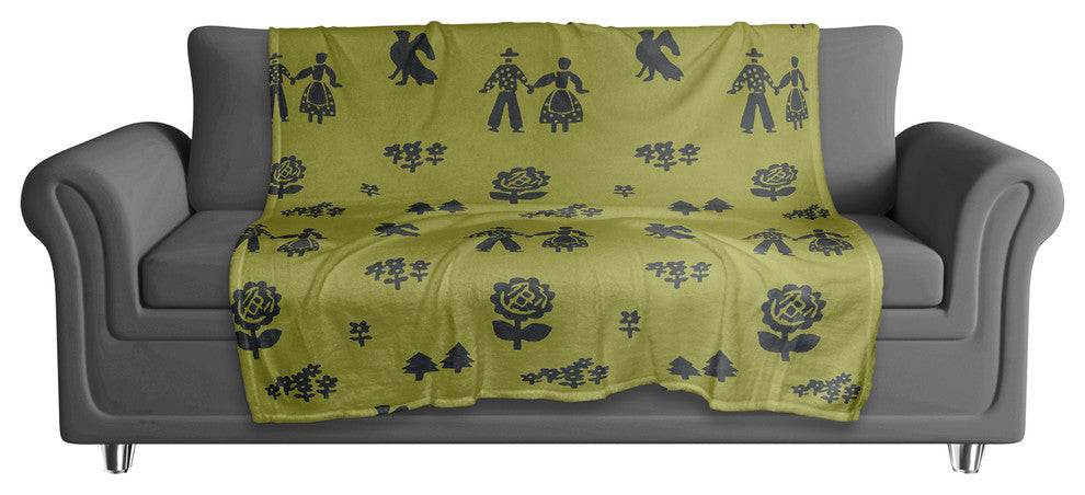 Folk Forest Motif in Green Fleece Blanket