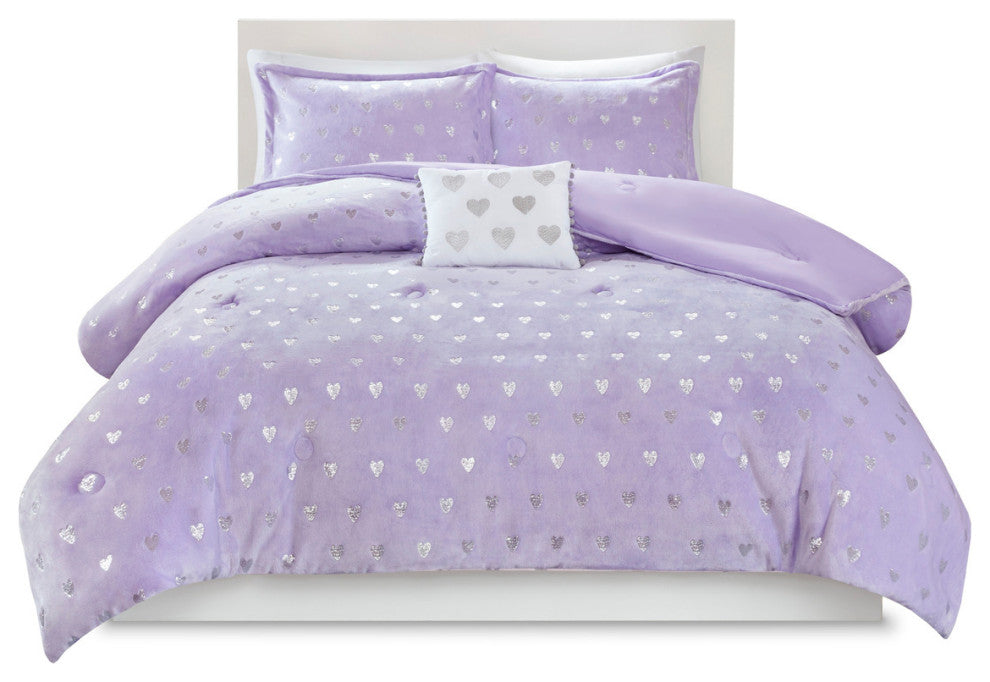 Mi Zone Rosalie Metallic Printed Plush Comforter Set, Purple/Silver