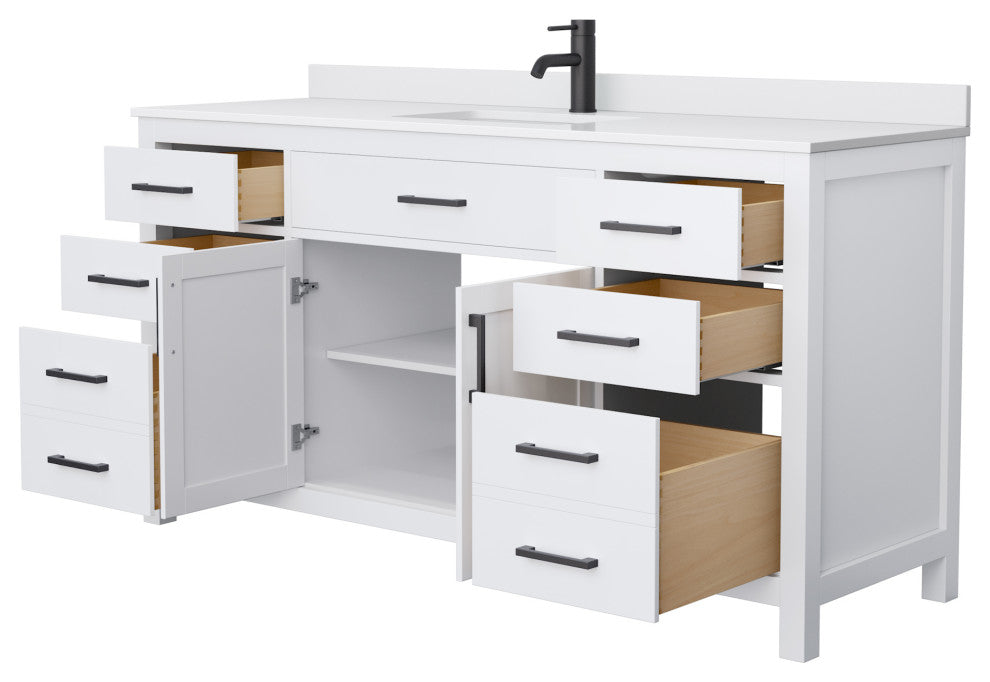 66"SGL Bathroom Vanity, White, White Cult. Marble Countertop, Sink, Black Trim