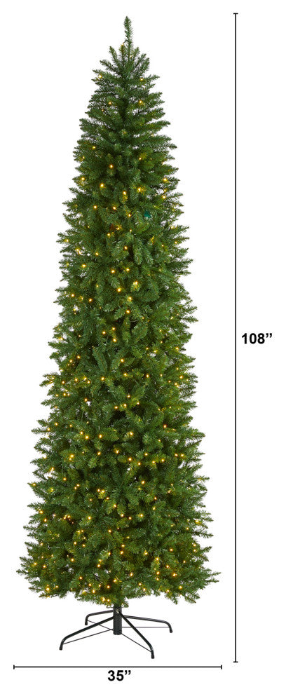 9ï¿½ Slim Green Mountain Pine Artificial Christmas Tree / 600 Clear LED Lights