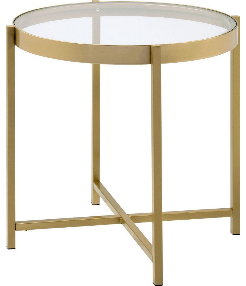 Benzara BM250228 End Table With Round Glass Top and Metal Frame, Gold