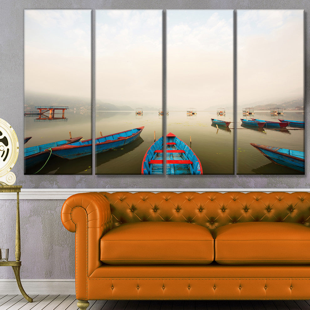 Moving Boats in Mountain Lake, Boat Canvas Art Print, 48"x28", 4 Panels