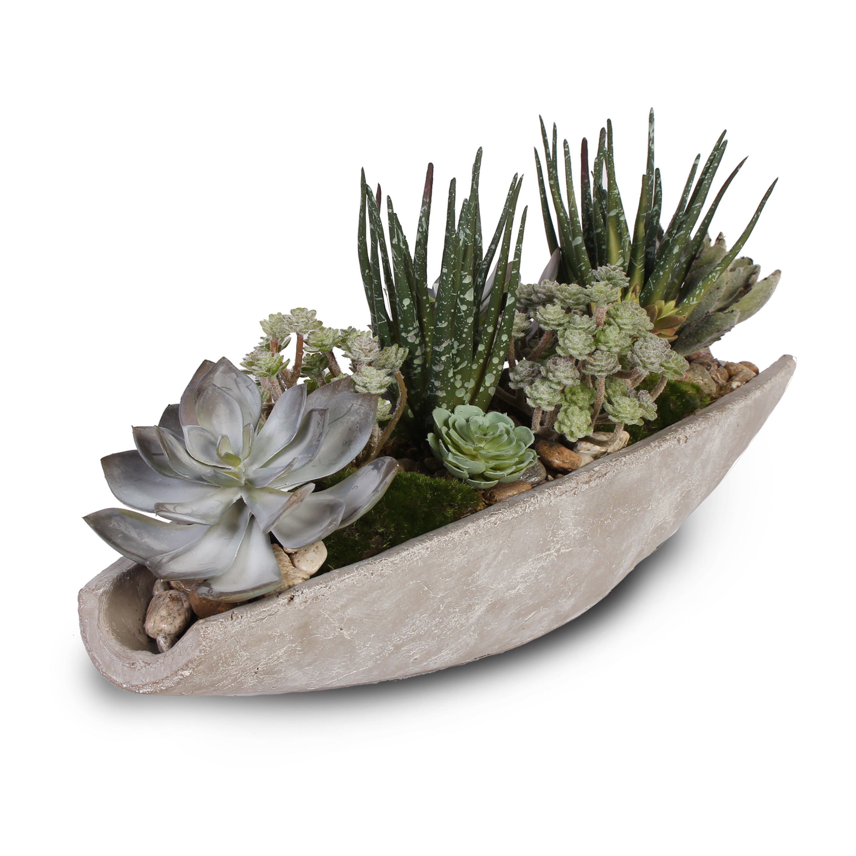 Assorted Artificial Succulents With Natural Pebbles, Stone Boat