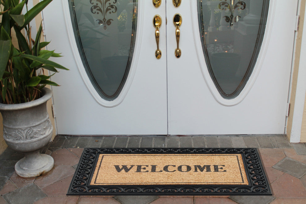 A1HC Rubber and Coir Welcome Paisley Border Double Door Doormat 30"x48", Black
