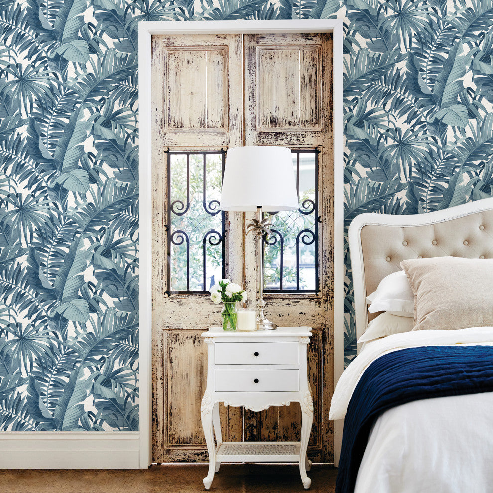 Alfresco Navy Palm Leaf Wallpaper Bolt