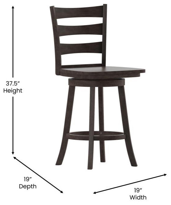 Liesel Ladderback Swivel Counter Height Barstool with Solid Wood Seat, Gray Wash Walnut