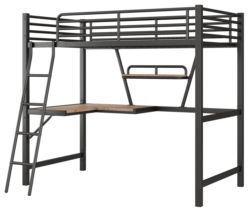 Gewnee Twin Size Loft Metal&MDF Bed with Desk and Shelf in Black